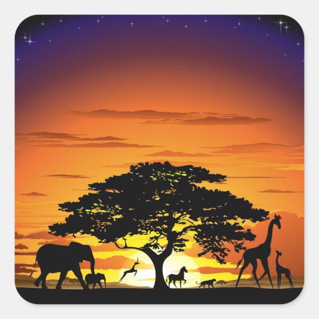 Wild Animals on African Savanna Sunset Square Sticker (Front)