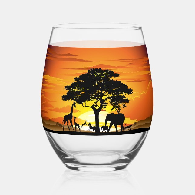 Wild Animals on African Savanna Sunset Stemless Wine Glass (Front)