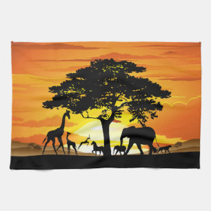 Wild Animals on African Savanna Sunset Tea Towel