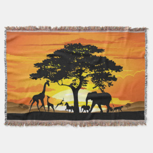 Wild Animals on African Savanna Sunset Throw Blanket
