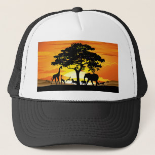 Wild Animals on African Savanna Sunset Trucker Hat