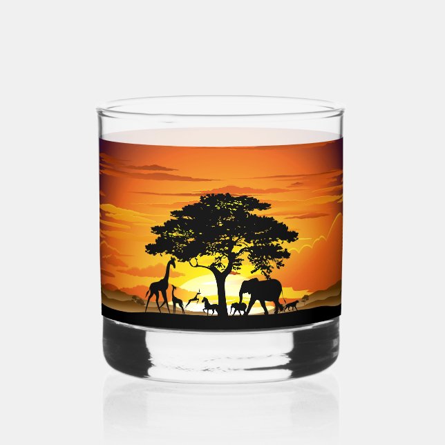 Wild Animals on African Savanna Sunset Whiskey Glass (Front)