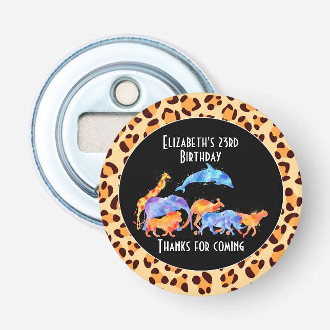 Wild Animals on an Exotic Leopard Print Pattern Bottle Opener (Front)