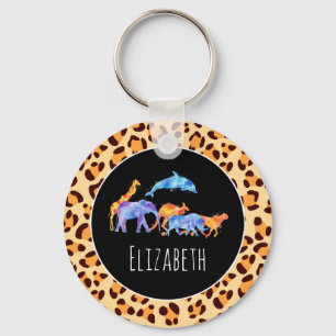 Wild Animals on an Exotic Leopard Print Pattern Key Ring