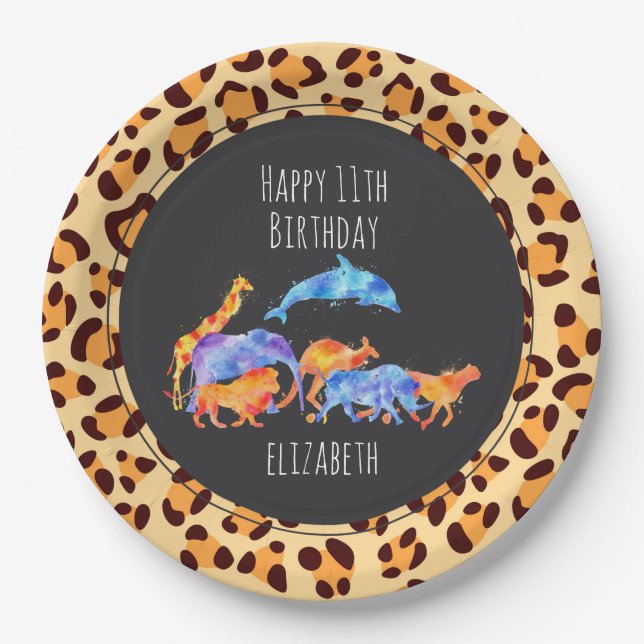 Wild Animals on Exotic Leopard Print Birthday Paper Plate (Front)