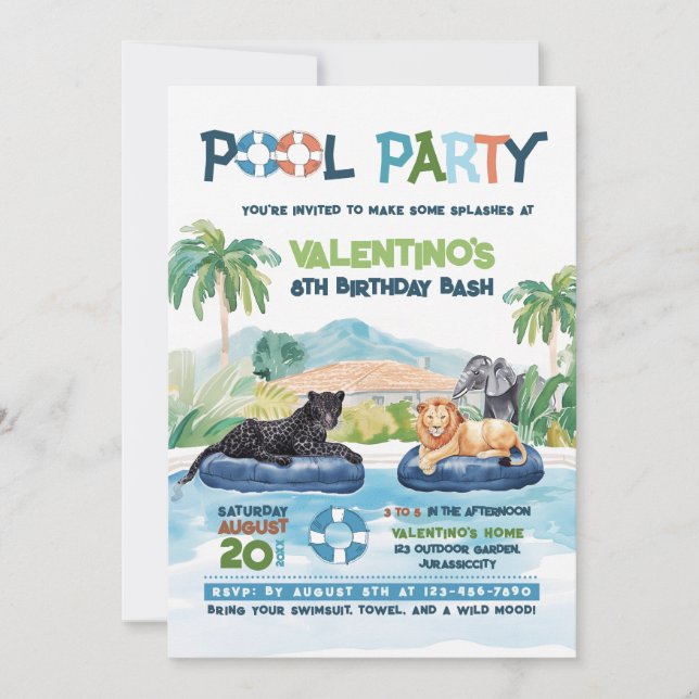 Wild Animals Pool Party Birthday Invitation (Front)