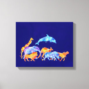 Wild Animals Running Together Colourful Watercolor Canvas Print