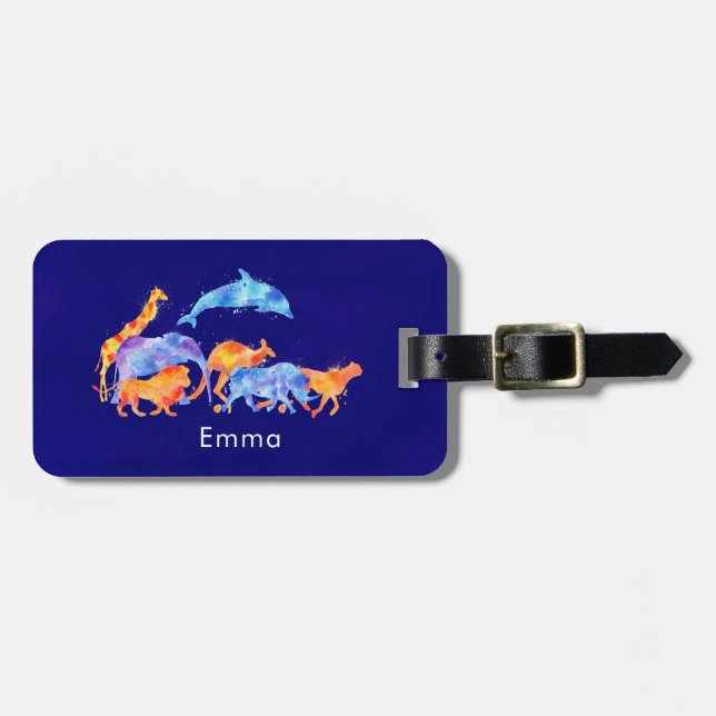 Wild Animals Running Together Colourful Watercolor Luggage Tag (Front Horizontal)