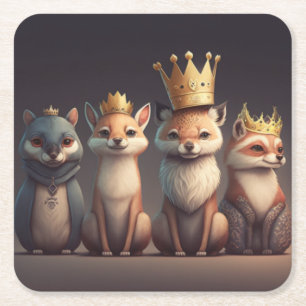 Wild animals wearing crowns square paper coaster