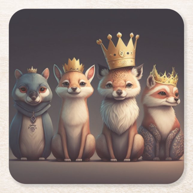 Wild animals wearing crowns     square paper coaster (Front)