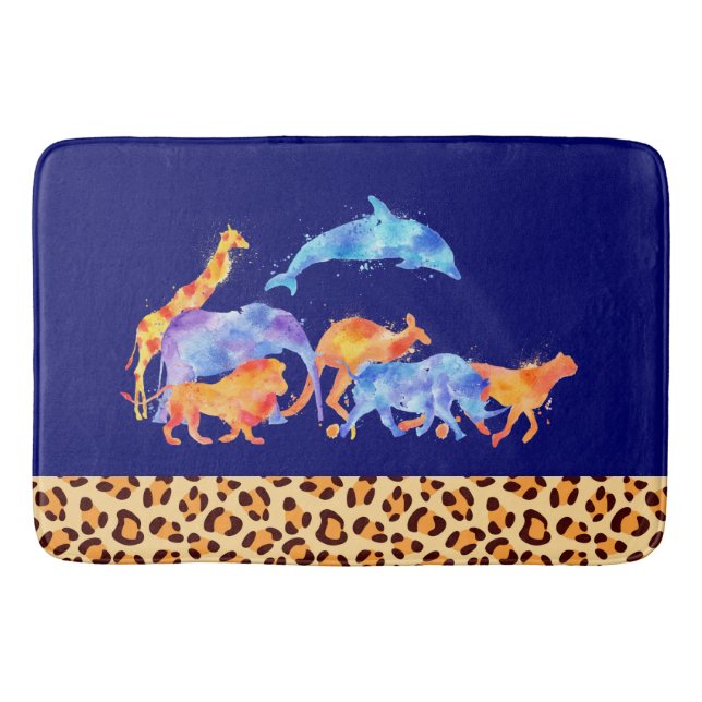 Wild Animals with a Leopard Print Border Bath Mat (Front)