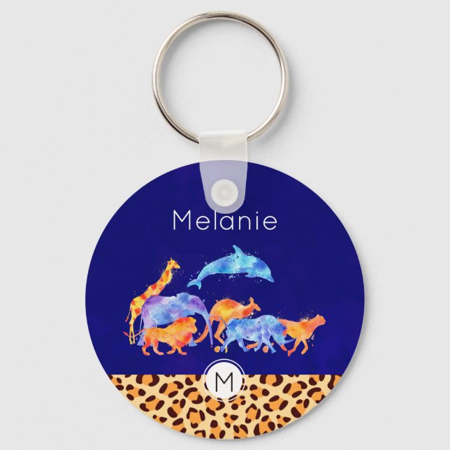 Wild Animals with a Leopard Print Border Monogram Key Ring (Front)
