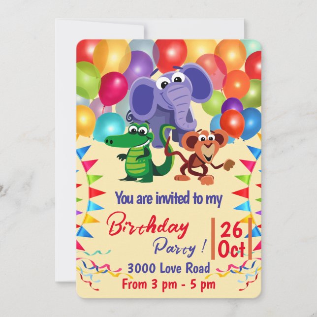 Wild Animals with Balloons & Ribbons Invitation (Front)