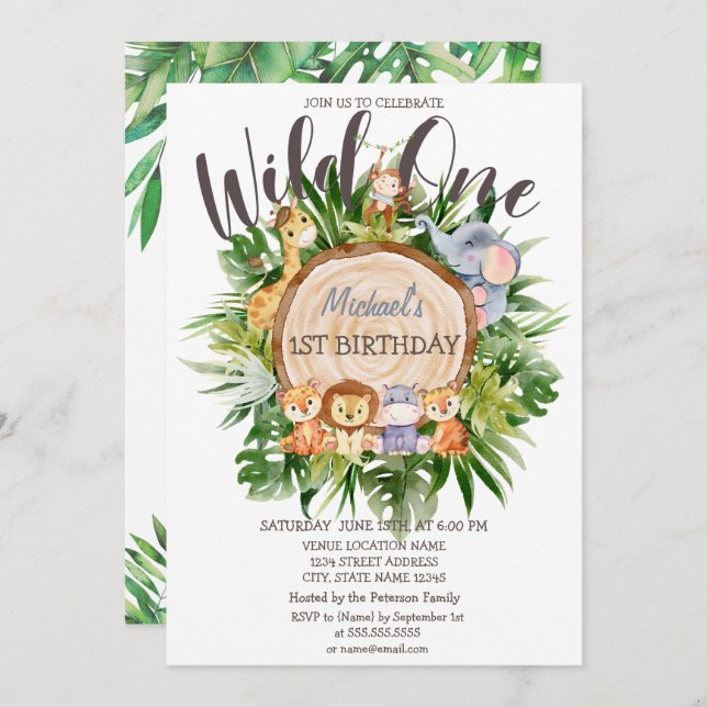Wild Animals Wood Glitter Birthday   Invitation (Front/Back)