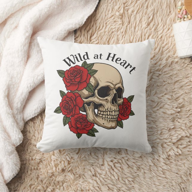 Wild at Heart Gothic Skull with Red Roses  Cushion (Blanket)