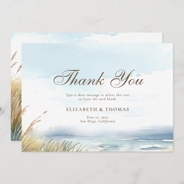 Wild Beach Fence Ocean Grass Art Elegant Wedding Thank You Card (Front/Back)