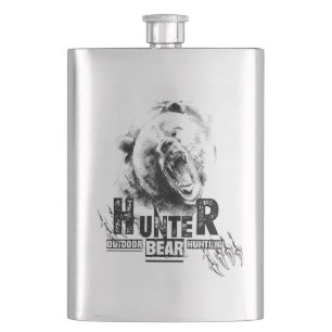 Wild bear hunting, outdoor adventure flask