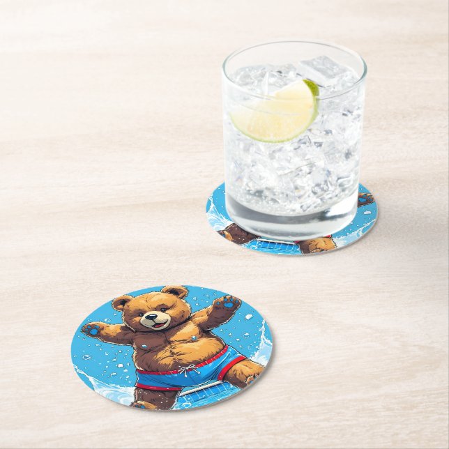 Wild Bear Summer Vintage Pool  Round Paper Coaster (Insitu)