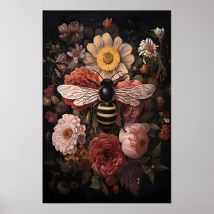 Wild bee in dark flower, moody bumlebee print
