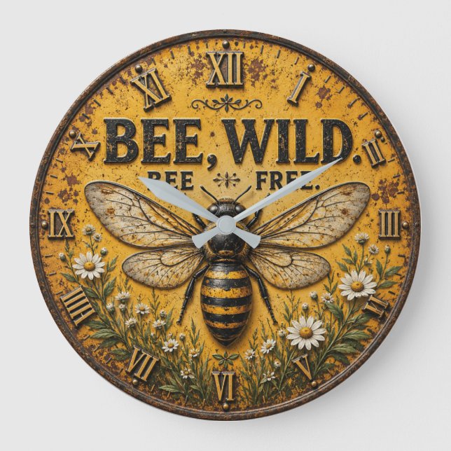 Wild Bee Rustic Farmhouse Large Clock (Front)