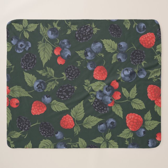 Wild Berries Pattern Sherpa Blanket | Blackberry,  (Front (Horizontal))