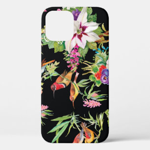 Wild Birds Flowers: Black Vintage iPhone 12 Case