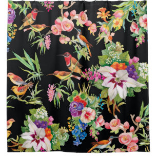 Wild Birds Flowers: Black Vintage Shower Curtain