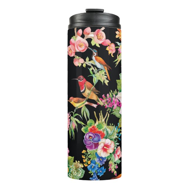 Wild Birds Flowers: Black Vintage Thermal Tumbler (Front)