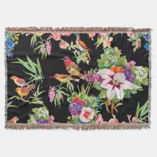 Wild Birds Flowers: Black Vintage Throw Blanket