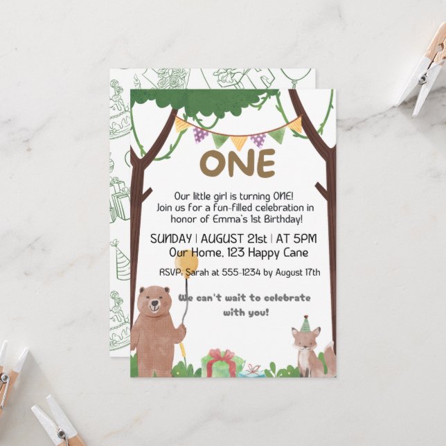  Wild Birthday Awaits : 1 year birthday invitation (Front/Back In Situ)