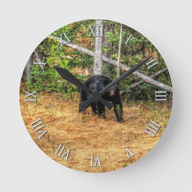 Wild Black Bear & Yukon Forest Photo Art Round Clock (Front)