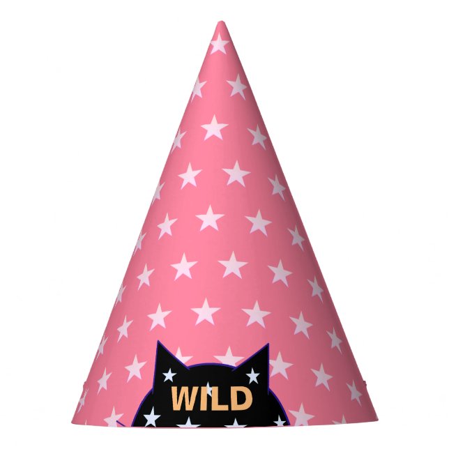 Wild Black Cat & Pink Stars Party Hat (Front)