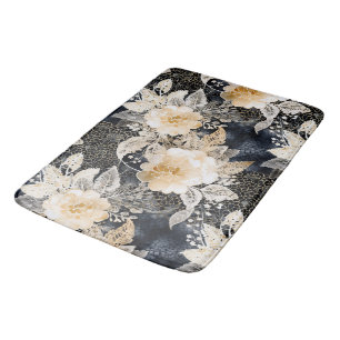Wild Black Cream Leopard Animal Floral Bath Mat
