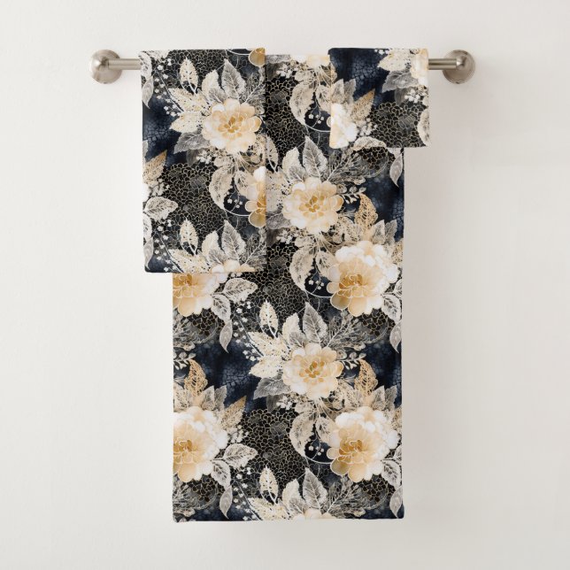 Wild Black Cream Leopard Animal Floral Bath Towel Set (Insitu)