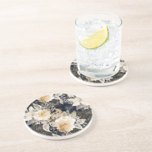 Wild Black Cream Leopard Animal Floral Coaster