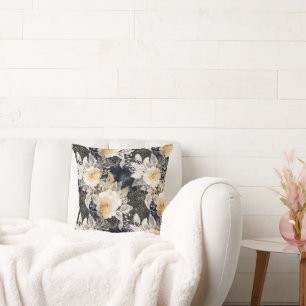 Wild Black Cream Leopard Animal Floral Cushion