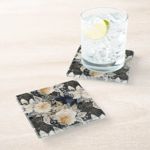 Wild Black Cream Leopard Animal Floral Glass Coaster