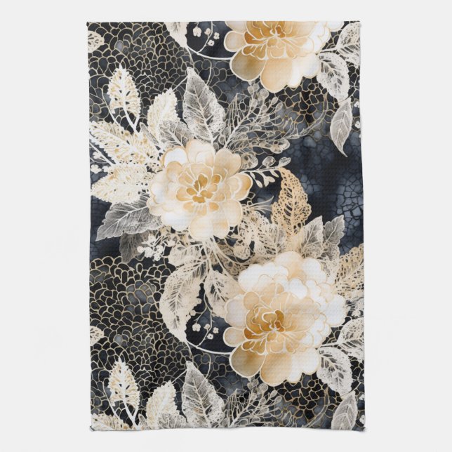 Wild Black Cream Leopard Animal Floral Tea Towel (Vertical)