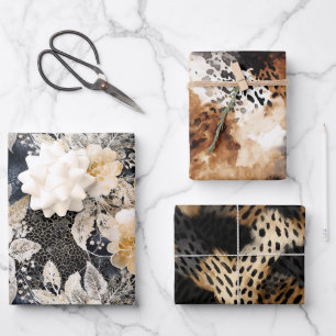 Wild Black Cream Leopard Animal Floral Wrapping Paper Sheet