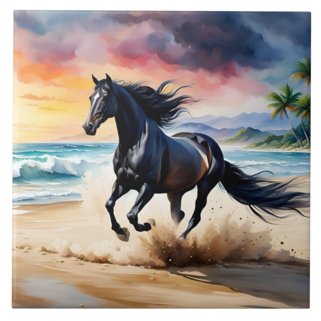 Wild black stallion galloping ceramic tile (Front)