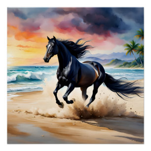 Wild black stallion galloping poster