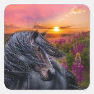 Wild Black Stallion Horse Fantasy Art Square Sticker