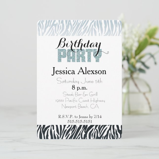 Wild Blue Black Zebra Birthday Glitter Party Invitation (Standing Front)