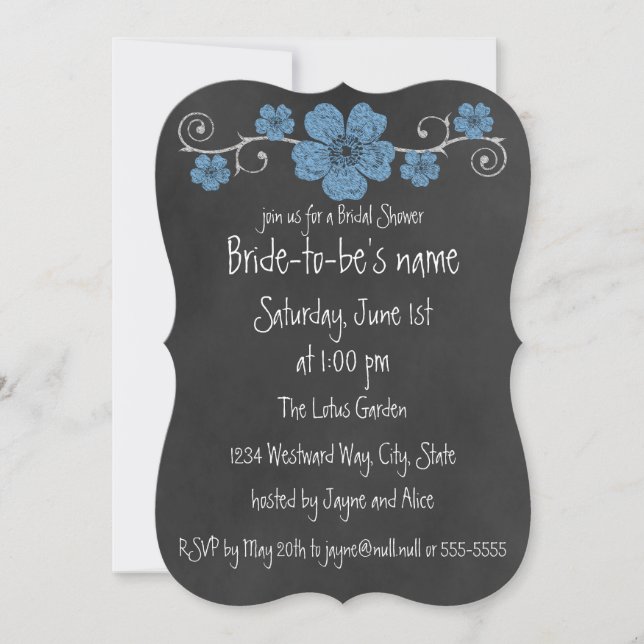 Wild Blue Roses Chalkboard Bridal Invitation (Front)