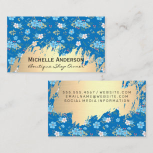 Wild Blue White Flowers   Gold Metallic Brushed Business Card
