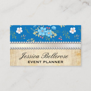 Wild Blue White Flowers Vintage Pearls Ribbon Business Card
