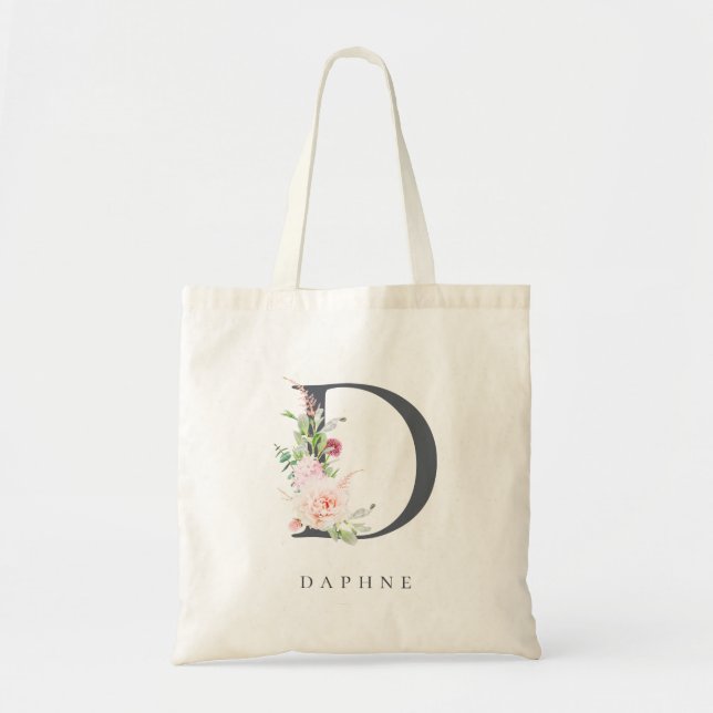 Wild Blush Botanical Floral Letter D Monogram Tote Bag (Front)