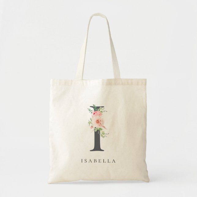 Wild Blush Botanical Floral Letter I Monogram Tote Bag (Front)