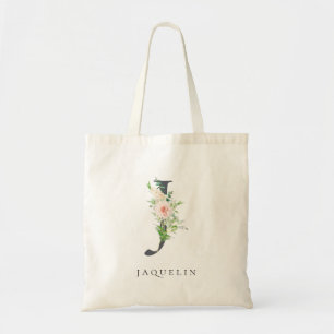 Wild Blush Botanical Floral Letter J Monogram Tote Bag