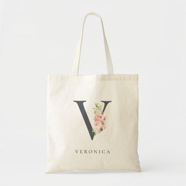Wild Blush Botanical Floral Letter V Monogram Tote Bag (Front)